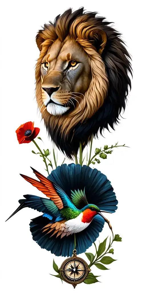 lions head. underneath a poppy and humming bird with a compass at the bottom tattoo design idea