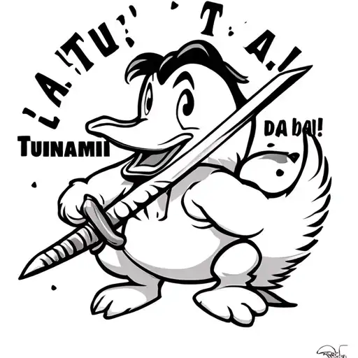 "A Tsunami a baj!" Duffy Duck holding sword tattoo design idea