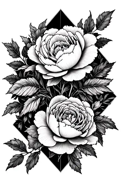 peony flower and rose flowers inside square and diamond inverse blackout tattoo design idea