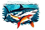 shark and salmon swimming tattoo design idea
