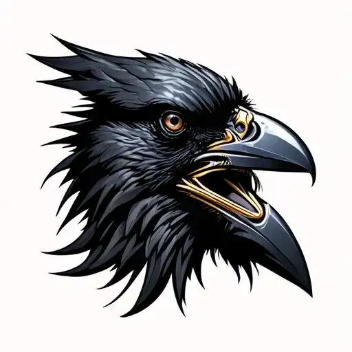 profile of a black crow head with metal  tattoo design idea