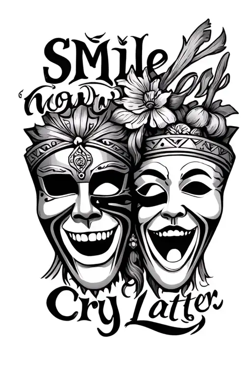Chicano style tattoo greece masks tragedy and comedy with text : " smile now, cry later" tattoo design idea