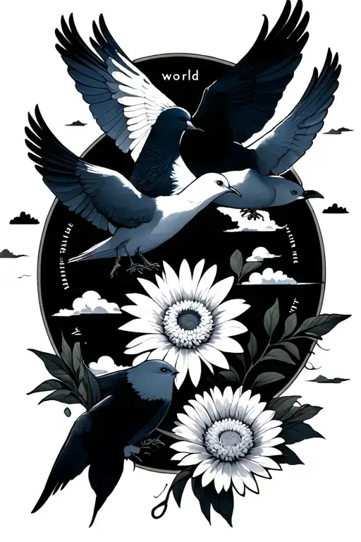 4 doves, Gaara seal, Aster flower, background clouds, "the world is better with you" tattoo design idea