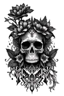Gothic and mystical ornamental vertical tattoo: Skull in bloom at the top, tribal totem at the bottom, with detailed shading tattoo design idea