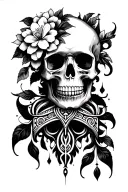 Gothic and mystical ornamental vertical tattoo: Skull in bloom at the top, tribal totem at the bottom, with detailed shading tattoo design idea