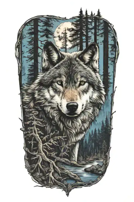 wolf blue eyes howling forest landscape tattoo design idea