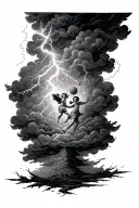thunderstorm scene with dark clouds and lightning bolts, in the clouds are two cherubs playing basketball tattoo design idea