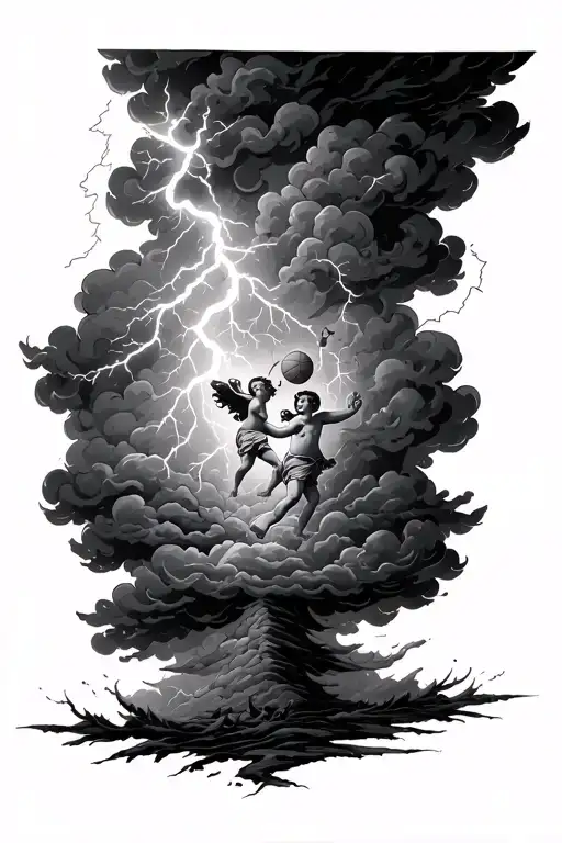 thunderstorm scene with dark clouds and lightning bolts, in the clouds are two cherubs playing basketball tattoo design idea