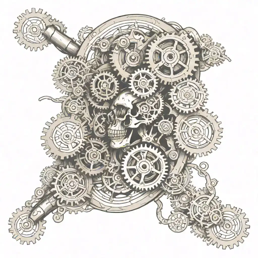 Mechanical gears fused with human anatomy tattoo tattoo design idea