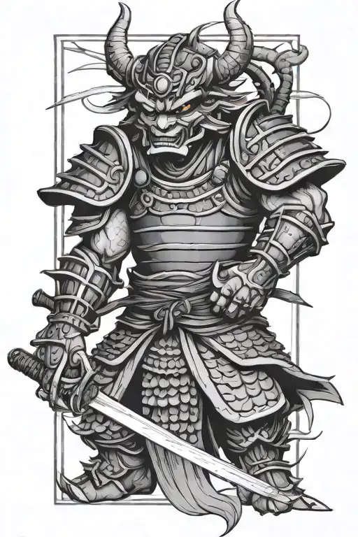 Oni samurai in full armor with sword out black and grey lines only with a dragon wrapped around his body tattoo design idea