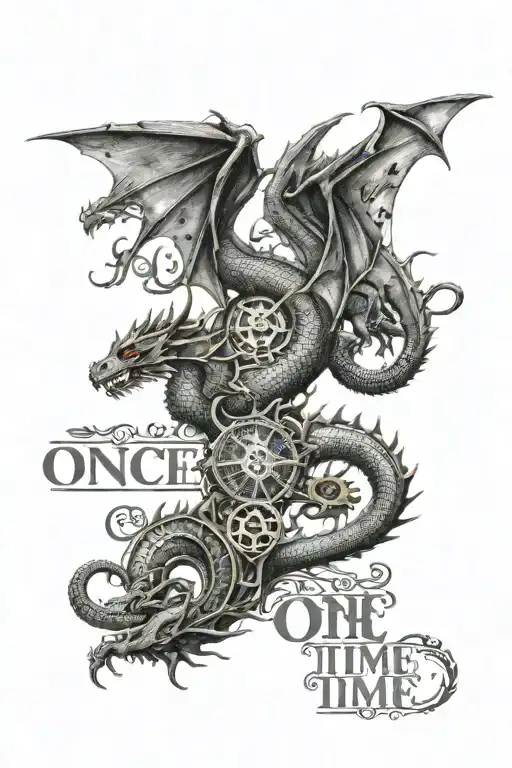 Once Upon A Time text with the letters made out of dragons and other objects from the series Once Upon A Time tattoo design idea