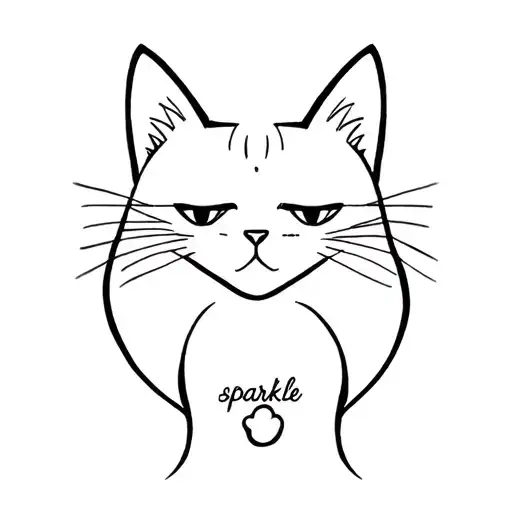 Black cat with a small white spot in the breastplate with the name sparkle tattoo design idea
