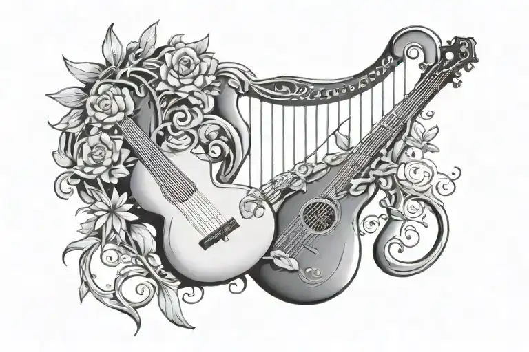 lyre and sun connected by vines tattoo design idea