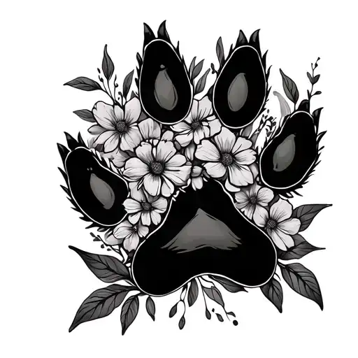 paw print surrounded by flowers wrapped tattoo design idea