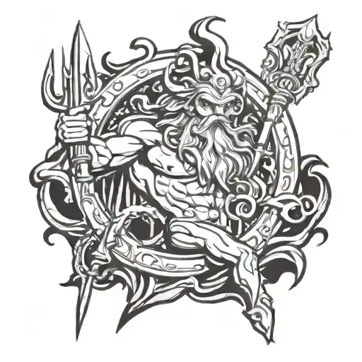 poseidon god, spear, blood tattoo design idea