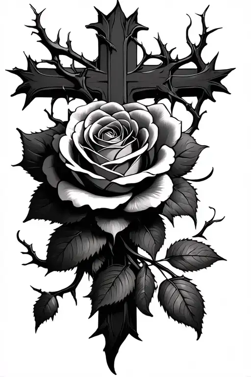 A black-and-grey cross with thorny vines and a blooming rose. Represents Romans 7:18's internal struggle between good an tattoo design idea
