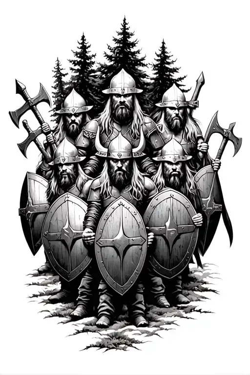 a squad of 12 Vikings with shields and axes stands in a dense forest tattoo design idea