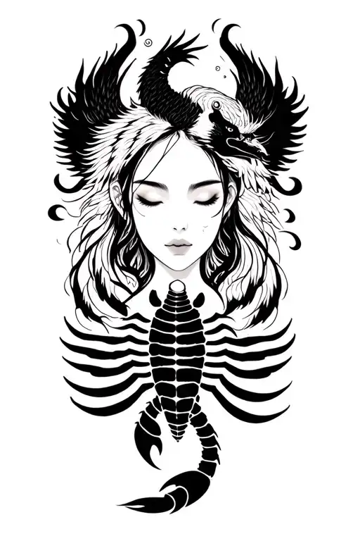 sillouette of a woman's face, serene and powerful. A scorpion showing her chest, reincarnate phoenix and dragon tattoo design idea