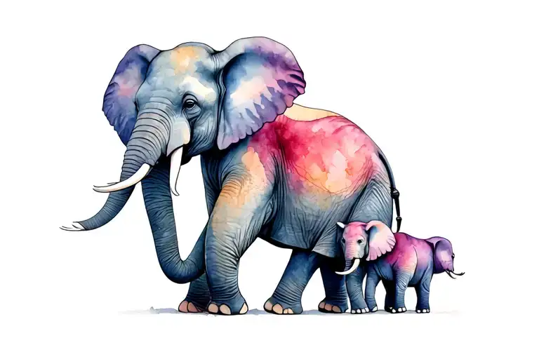 mama elephant with two babies walking behind her holding tails tattoo design idea