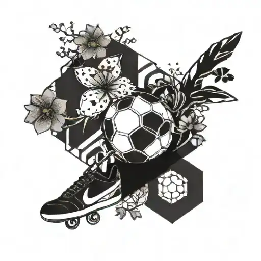 A geometric design combining musical notes and Japanese cherry blossoms with a soccer ball hidden within the pattern tattoo design idea
