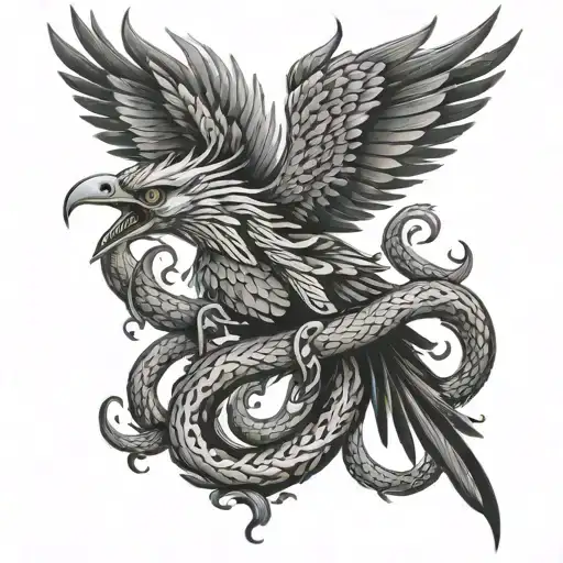 Phoenix eating a snake intertwined tattoo design idea