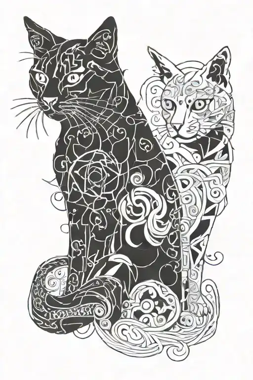 A cat and dog silhouettes intertwined with accounting symbols tattoo design idea