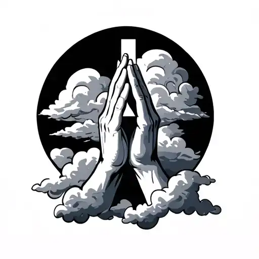 praying hands cross and clouds tattoo design idea