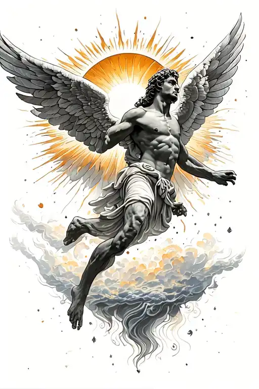 falling Icarus flying towards the sun rising tattoo design idea