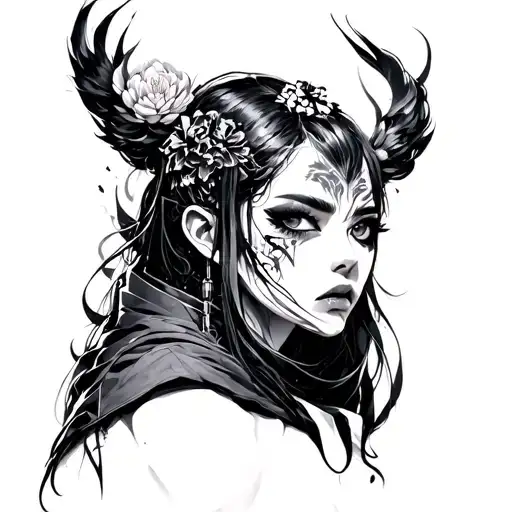 japanese x cyberpunk blackwork tattoo design idea