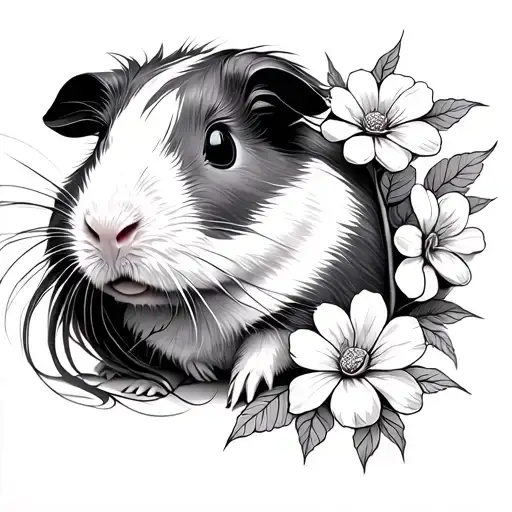 long hair guinea pig and flower intertwined tattoo design idea