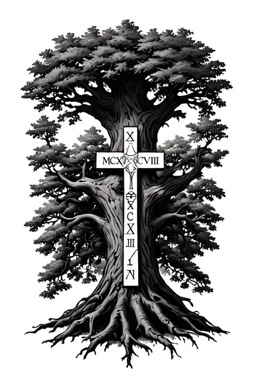 Oak tree with roman numerals MCMXCVIII witha orthodox cross tattoo design idea