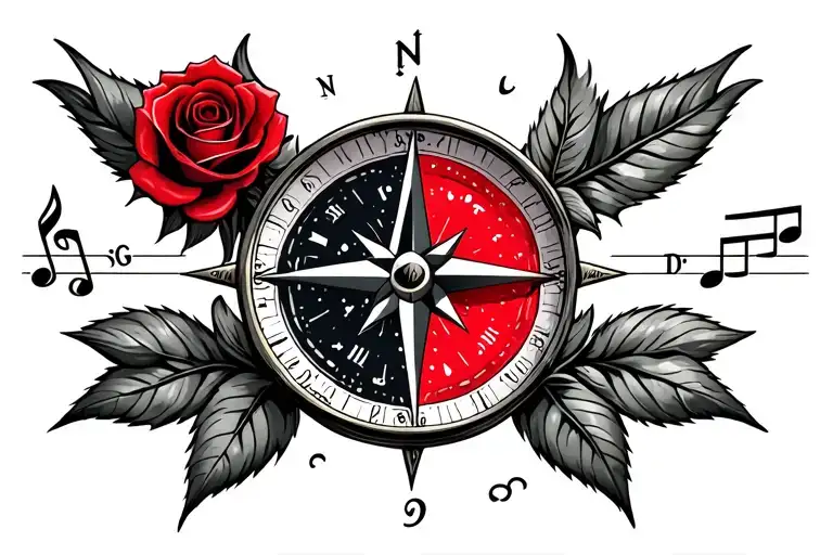 compass with red rose on the north side, realistic star from space on the south side, music note on th tattoo design idea