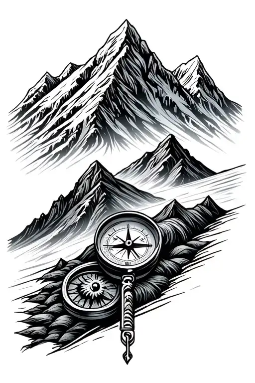 mountain with compass tattoo design idea