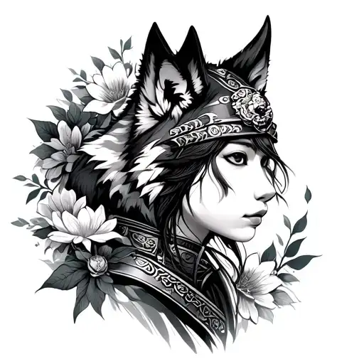 A traditional warrior’s front face with a wolf on her head, and flowers hidden around. a Japanese tattoo style tattoo design idea