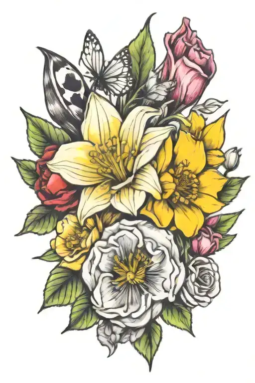 daffodil, poppy, rose bouquet with a butterfly and ladybug tattoo design idea