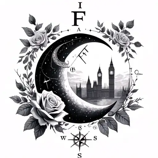crescent moon, Aries & Libra constellations, roses, wedding rings, compass, London skyline, initials I & F tattoo design idea