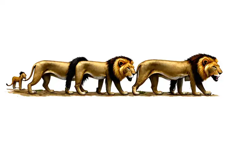 1 Lion and 4 family members mom dad and two  sons walking tattoo design idea
