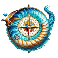 Nautilus inset with compass and phoenix tail on south point and orbs at other points tattoo design idea