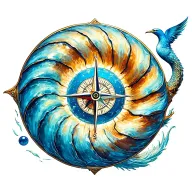 Nautilus inset with compass and phoenix tail on south point and orbs at other points tattoo design idea