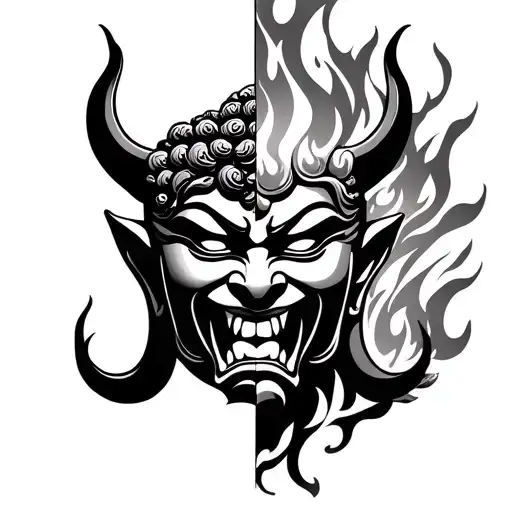 One half: a war mask / oni-style demon face roaring with fire (anger).Other half: a serene Buddha face or tranquil mas tattoo design idea