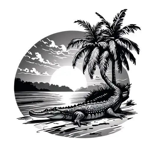 Alligator next to palm trees on a beach sunset tattoo design idea