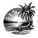 Alligator next to palm trees on a beach sunset tattoo design idea
