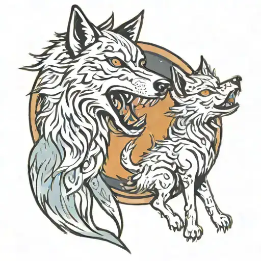 wolf and wolf baby howling at the moon  tattoo design idea