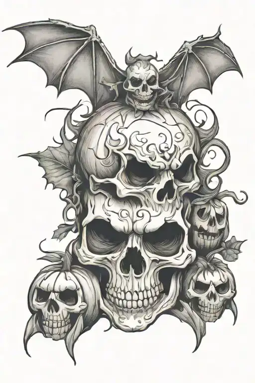bats ghost skull pumpkin   tattoo design idea