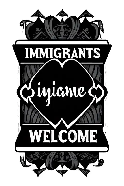 simple text that says "immigrants welcome" withtint black hearts and queen of spades symbols  tattoo design idea
