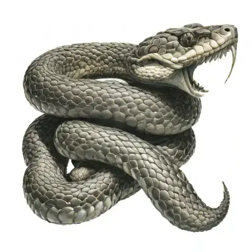 I want a snake that is wrapped around my hand and its head is on the ridge of my palm, its mouth is open, its mouth is o tattoo design idea