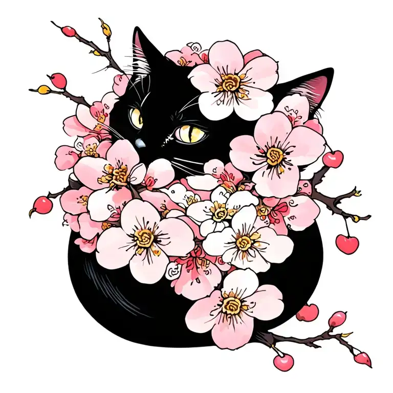black female cat with cherry blossoms wrapped around tattoo design idea