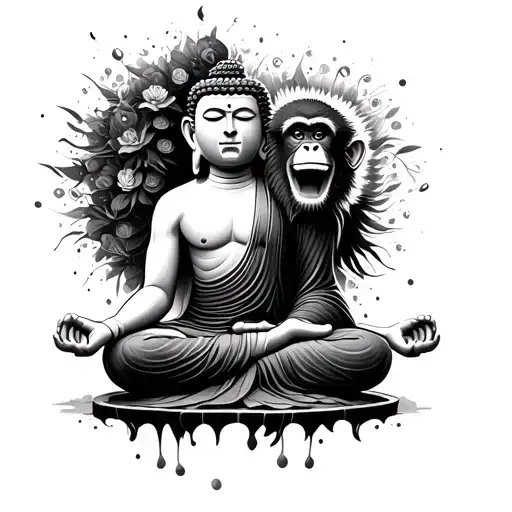 buddha meditating with a monkey going crazy inside his head tattoo design idea