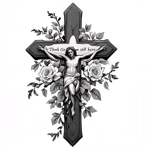 Thank God im still here with a cross with rose vines wrapped around it and blooming flowers at the bottom of the cross tattoo design idea