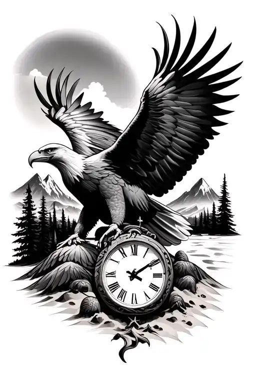 eagle with peace and sand clock and mountain landscape tattoo design idea